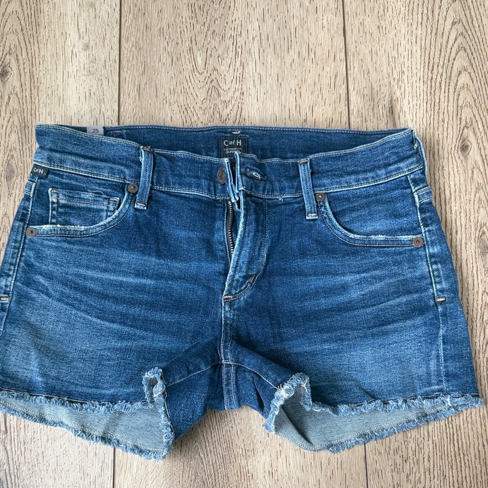 CO Dark Blue Frayed Hem Denim Shorts